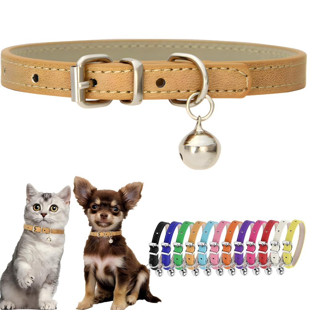 Khaki Xs Dog Collar With Bell Leather Puppy Collar With Bell Adjustable Buckle Kitten Cat Collars For Xxsmall Xsmall Tiny Little