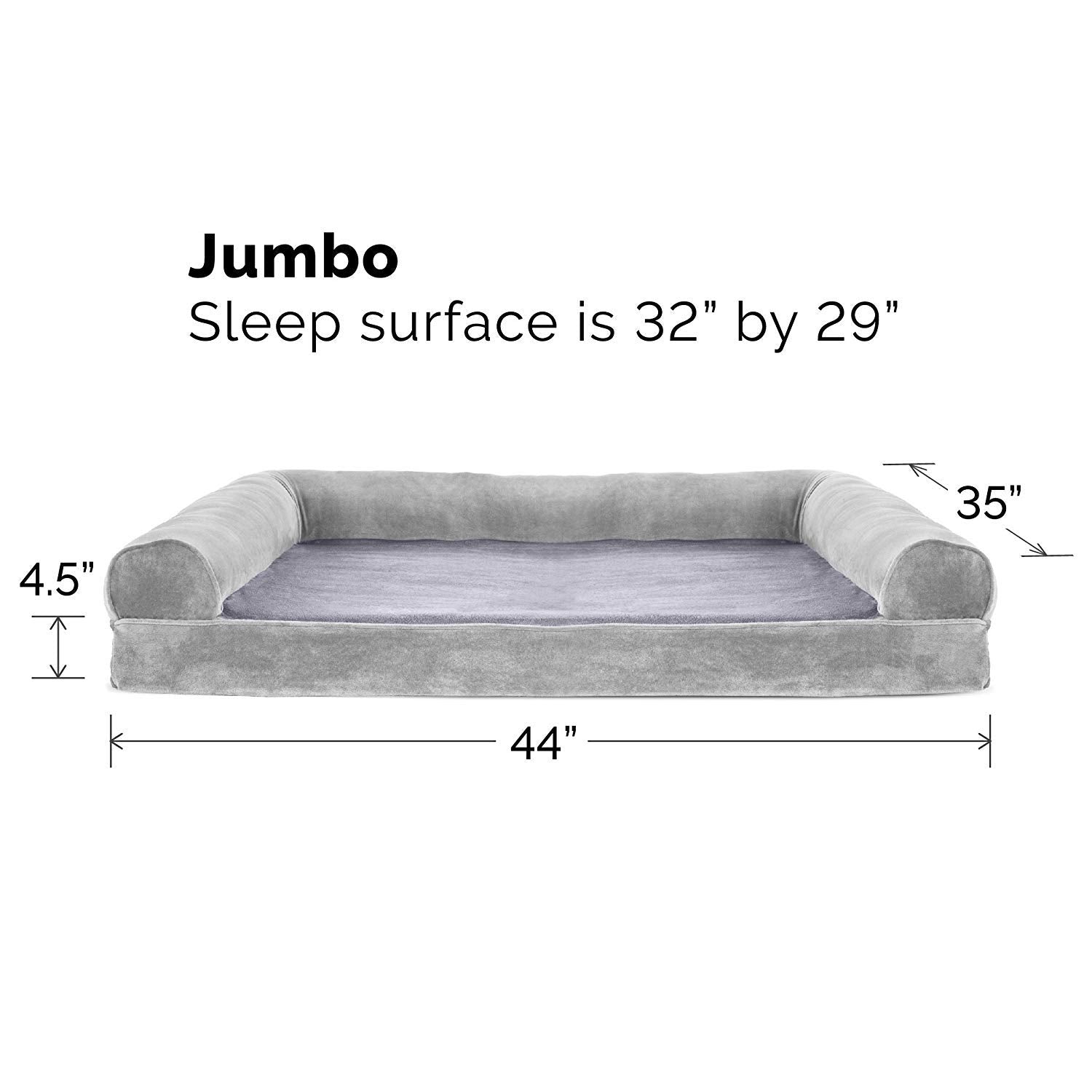 Furhaven Orthopedic Dog Bed For Large Dogs W/ Removable Bolsters & Washable Cover, For Dogs Up To 95 Lbs - Faux Fur & Velvet Sofa - Smoke Gray, Jumbo/Xl