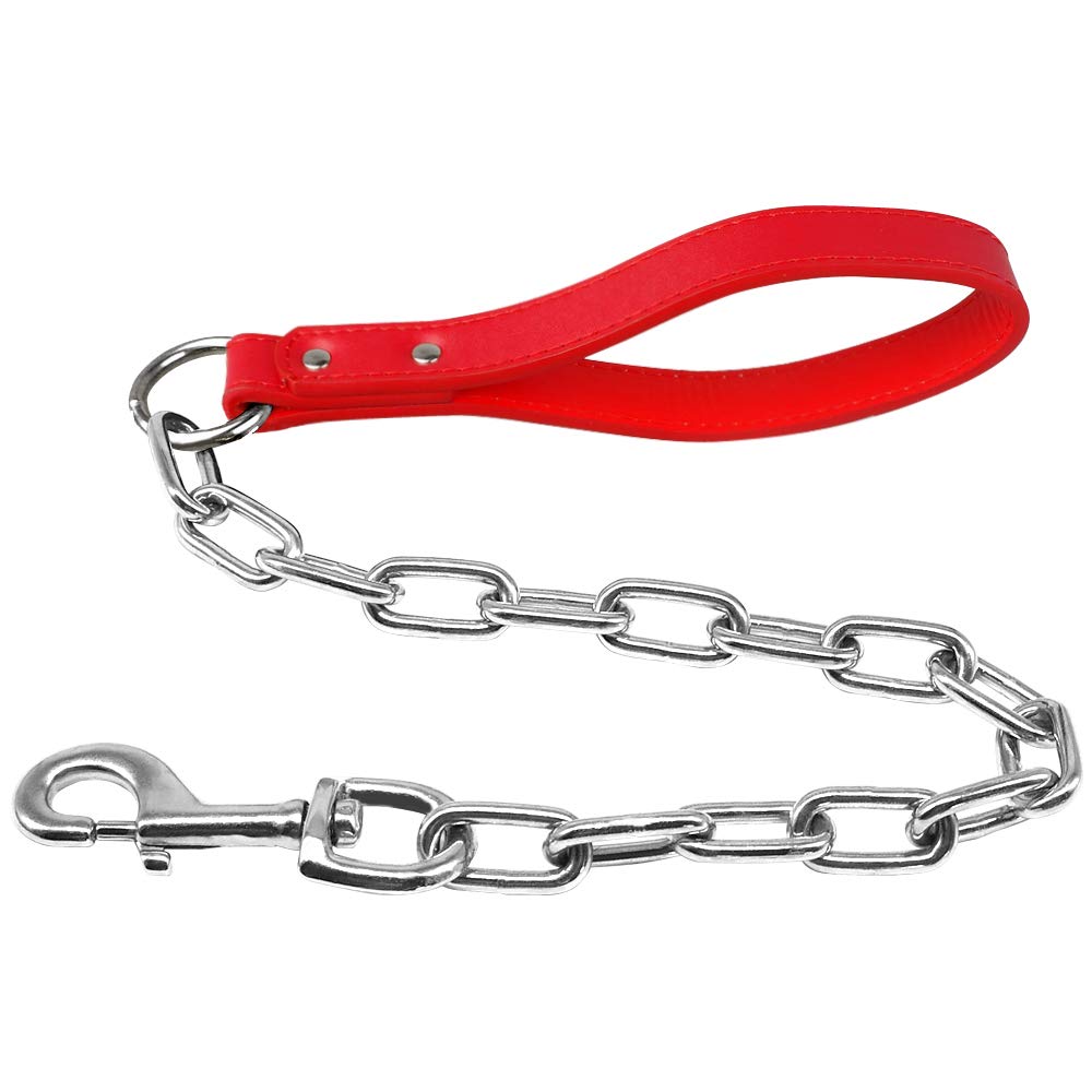 Pimaodog Metal Chain Heavy Duty Dog Leash, 28 Inch Length Training Dog Leash With Pu Leather Handle For Large & Medium Size Dogs