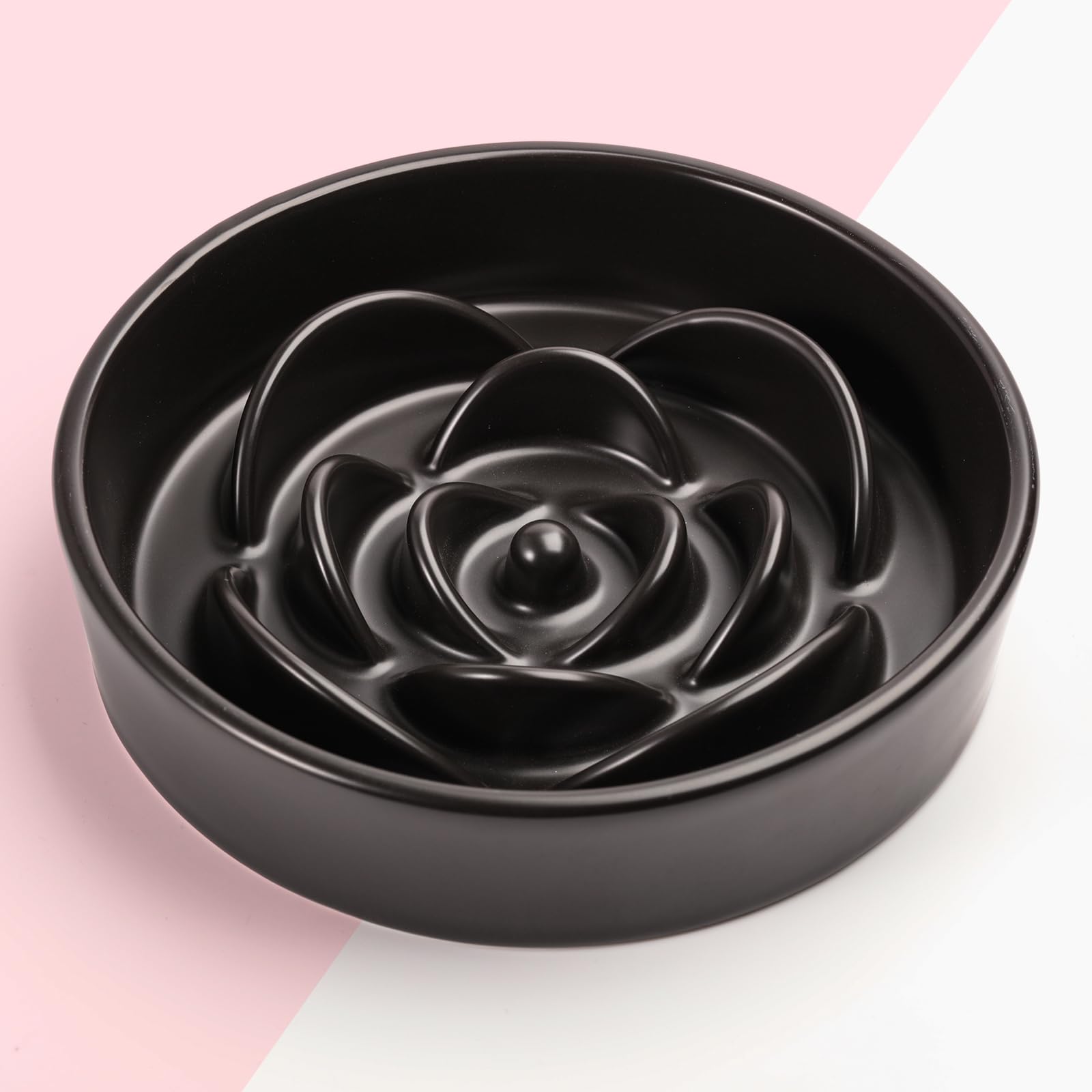 Addogyy Black Slow Feeder Dog Bowl - 8.26" Elevated Ceramic Dish for Medium & Large Breeds, Heavy Weighted Puzzle Eating Bowl