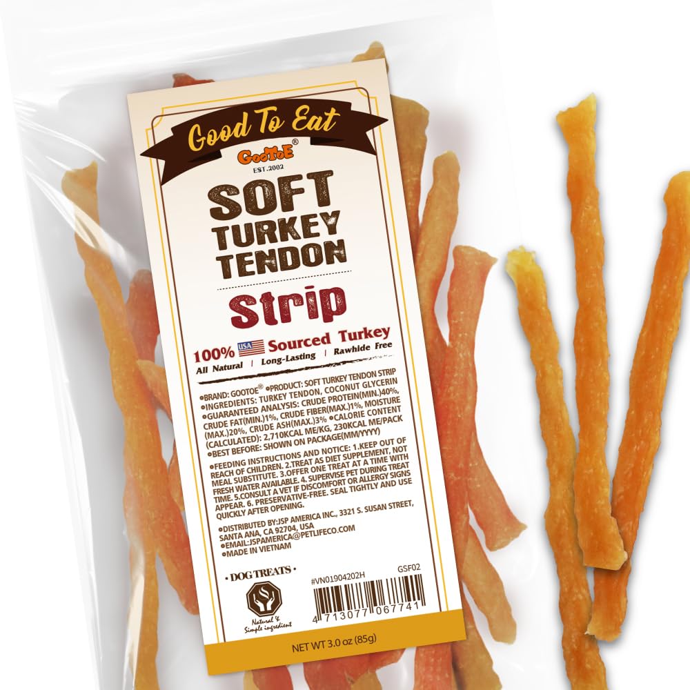 Gootoe Soft Turkey Tendon Stirip 3oz, Natural Chewy Snack, USA-Sourced Turkey Tendon, Premium Training Chews, Hypoallergenic, Re