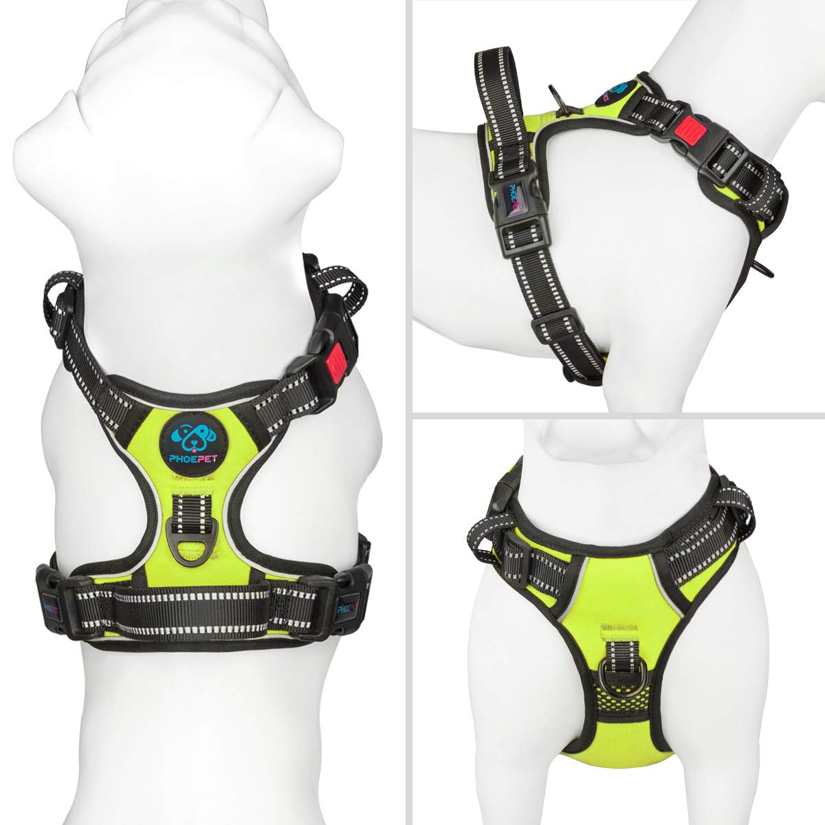 PHOEPET Large Reflective Dog Harness, Adjustable No Pull Vest, Durable Oxford, Green, Model B1004