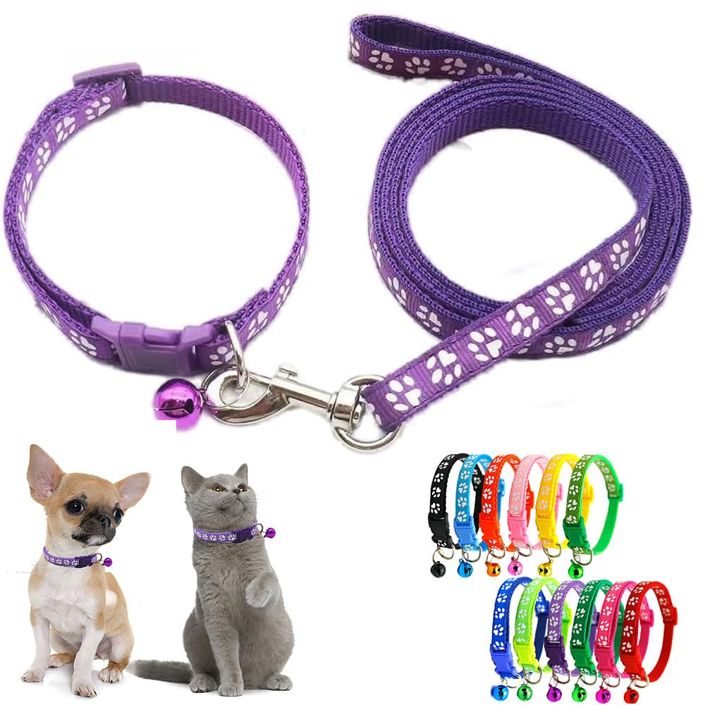 Purple Small Puppy Collar Girl Leash Set, Nylon Basic Reflective Puppy Collars Paw Print For Xxs Xs Small Dog Cat Pet Animal Lit