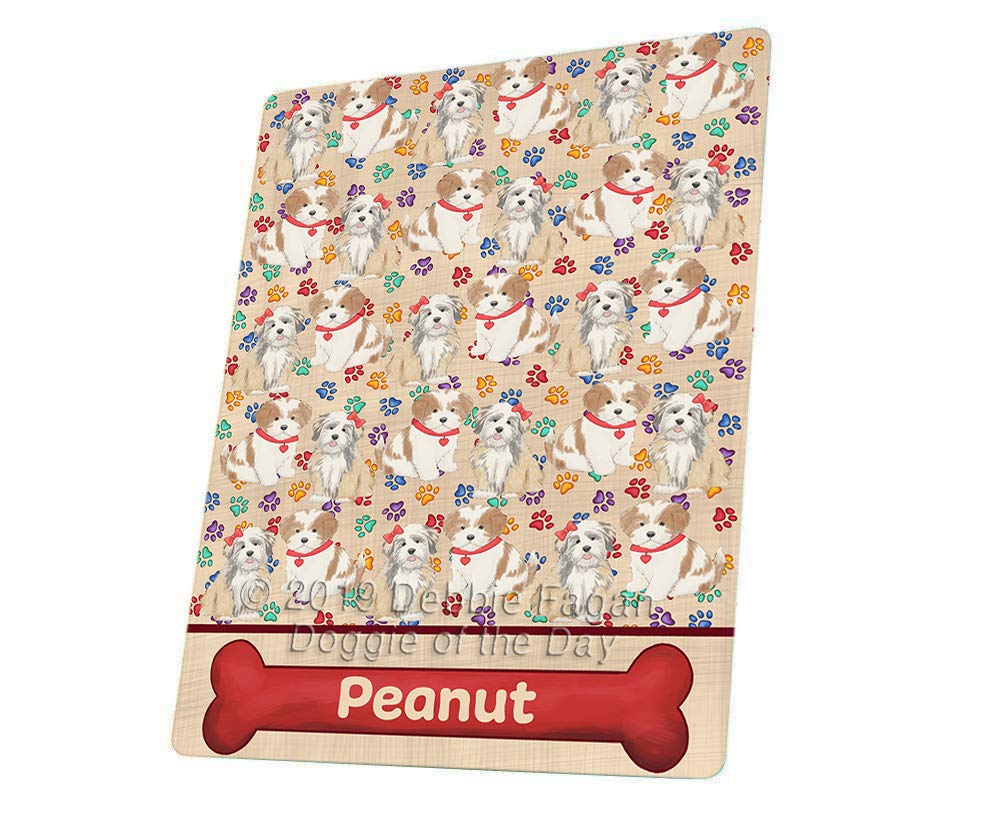 Rainbow Paw Print Lhasa Apso Dogs Blanket  Multicolor Fluffy Warm Soft Fleece, Sherpa & Tasseled Woven Durable Blanket for Bed 