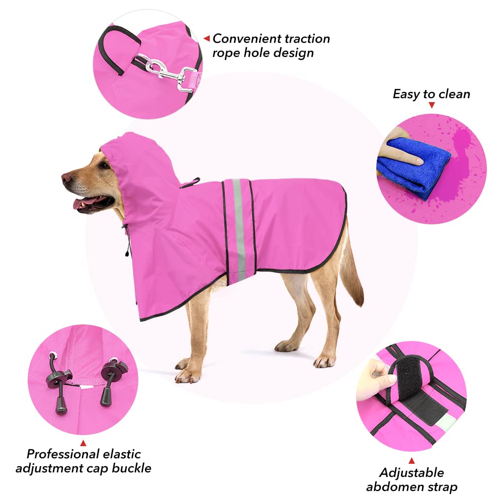 Ezierfy Dog Raincoat, Waterproof Coat With Hood Reflective Pet Rain Jacket With Leash Hole, Lightweight Dog Slicker Poncho For Walking (Pink, Xx-Large)