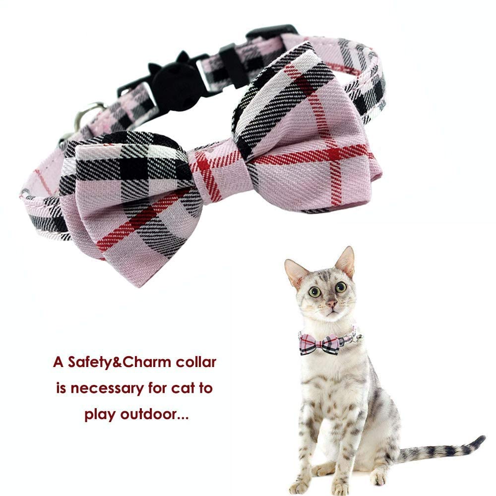 Cat Collar Breakaway With Bell And Bow Tie, Plaid Design Adjustable Safety Kitty Kitten Collars Set Of 2 Pcs(6.8-10.8In) (Pink&Cyan Plaid)