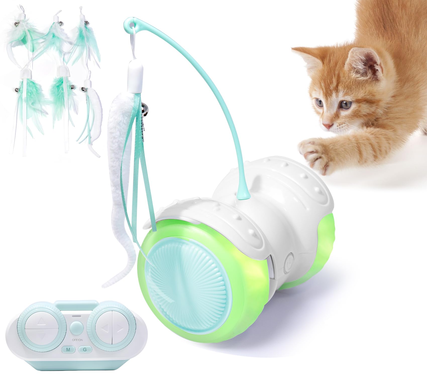 ZeLing HTL Remote Control Cat Toy with Auto Mode - Interactive Cat Toy Feather for Indoor, Moving Cats Catnip Toys & LED to Keep