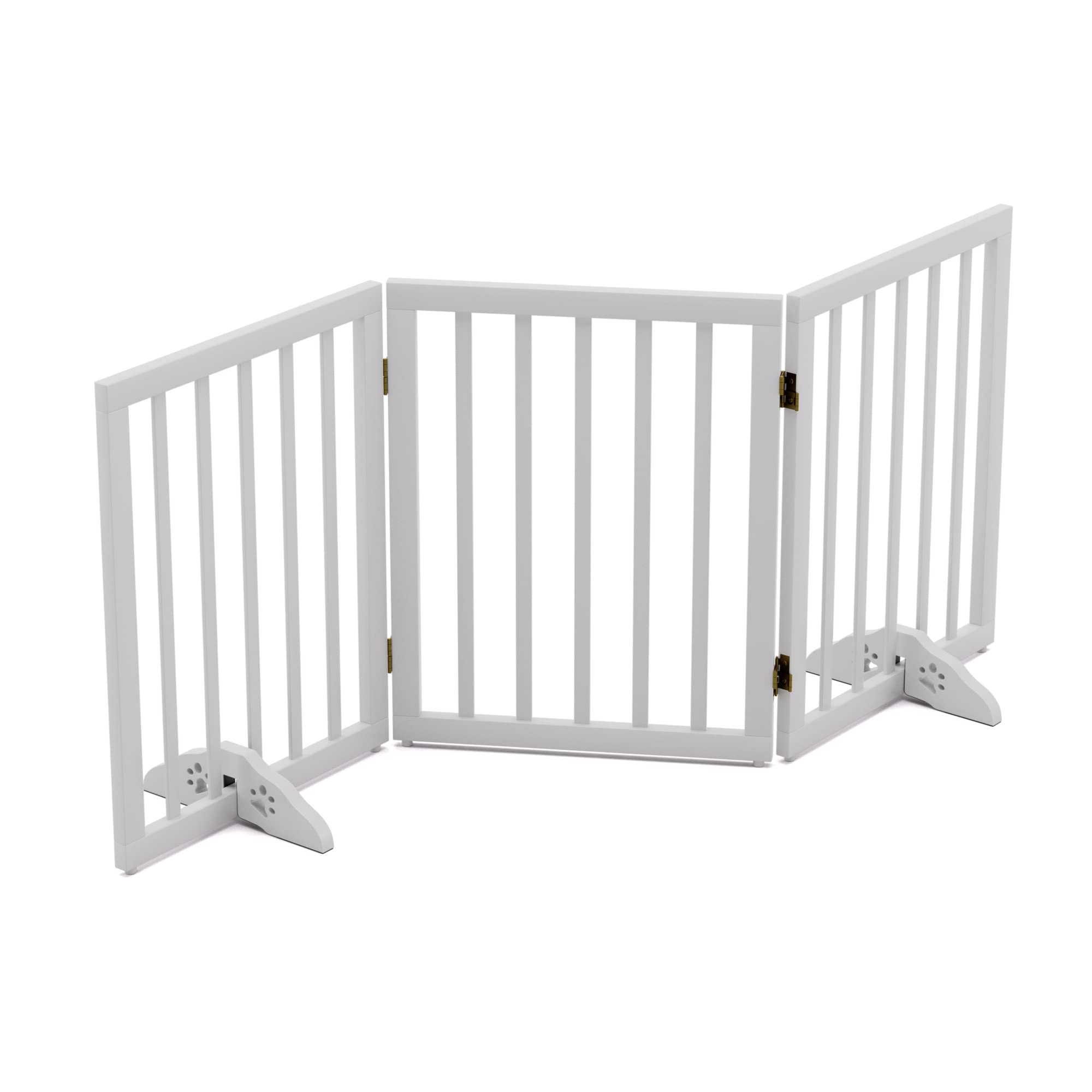 Freestanding Foldable Dog Gate for House - 3 Panels, 24 Tall, White Wooden Pet Gate for Doorways and Stairs With 2 Support Fee