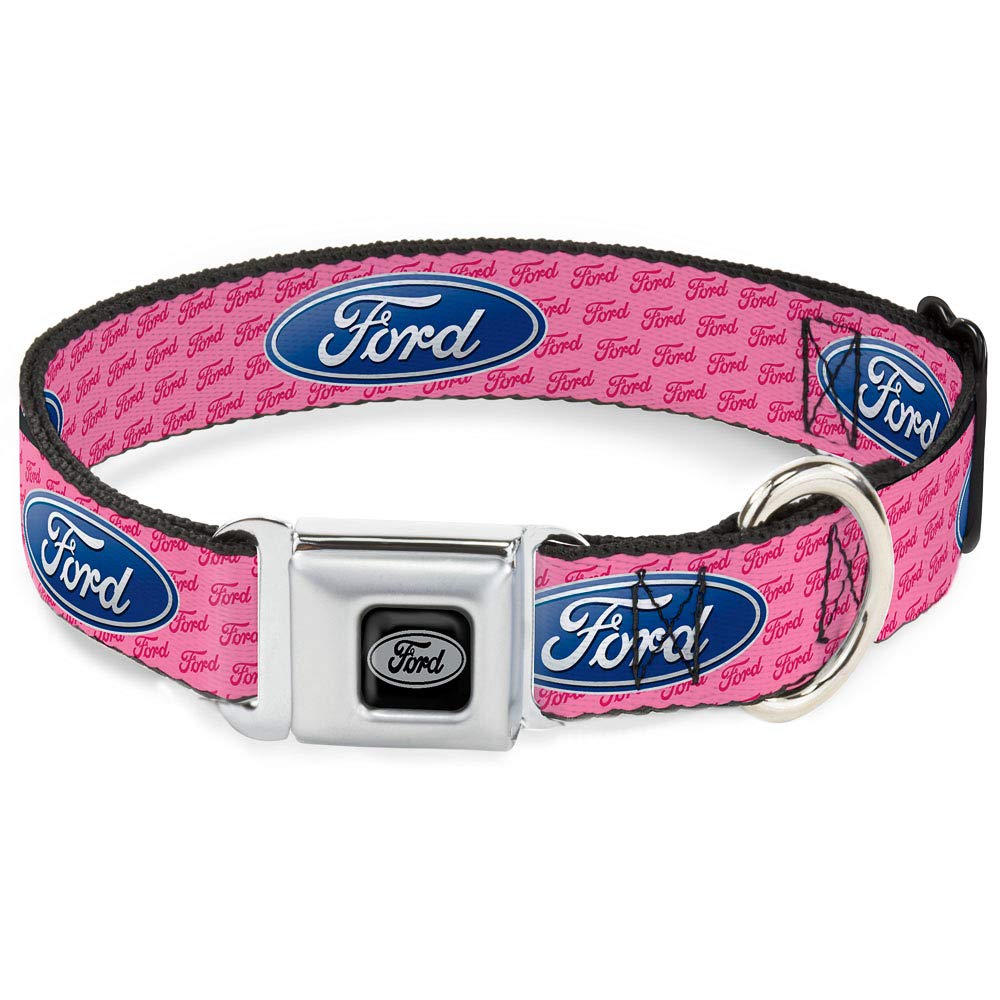 Buckle-Down Seatbelt Buckle Dog Collar - Ford Oval W/Text Pink - 1.5' Wide - Fits 18-32' Neck - Large