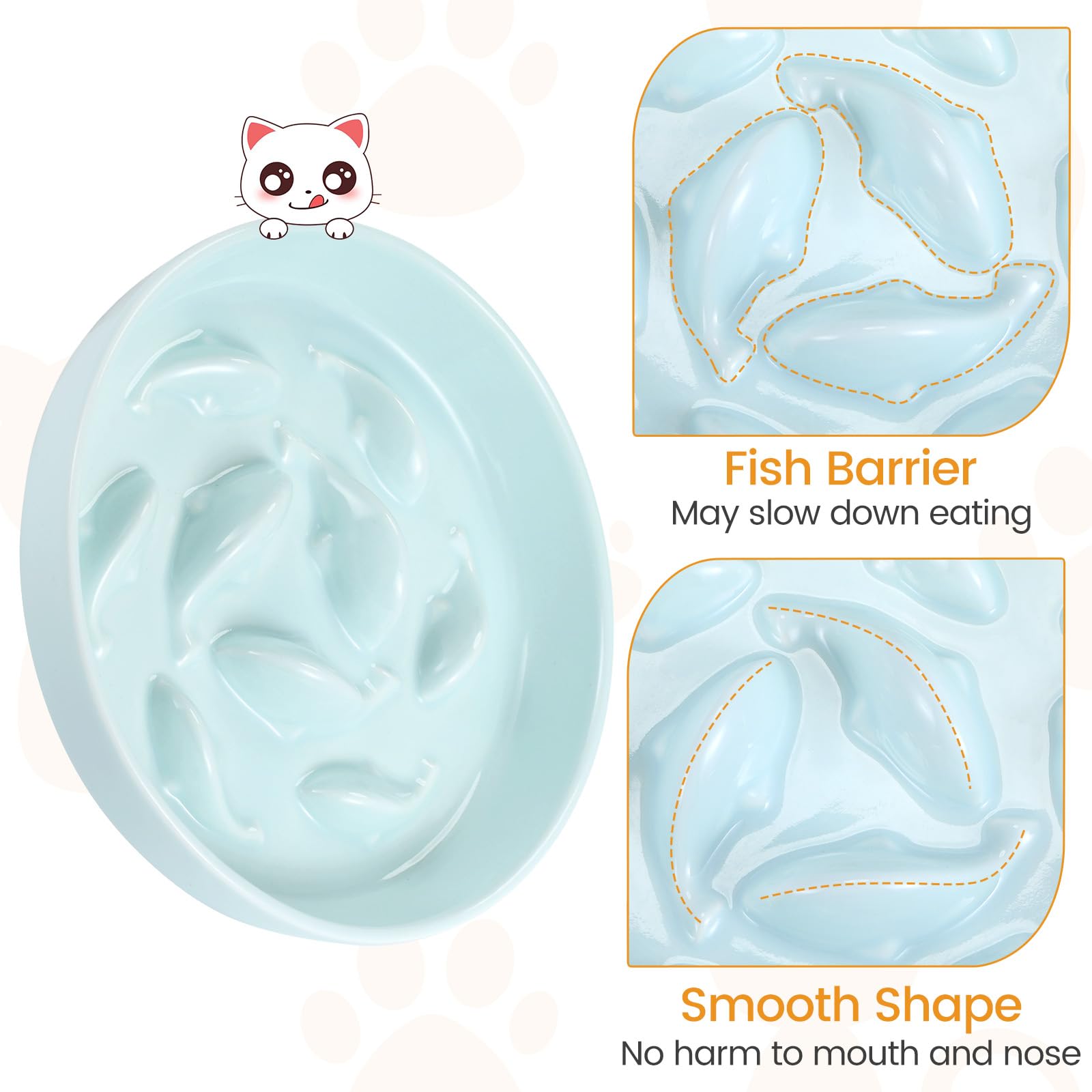 PETTOM Slow Feeder Cat Bowl with Stand, Ceramic Slow Eating Cat Bowl with Higher Edges Fish Pool Design Elevated Food Bowls for
