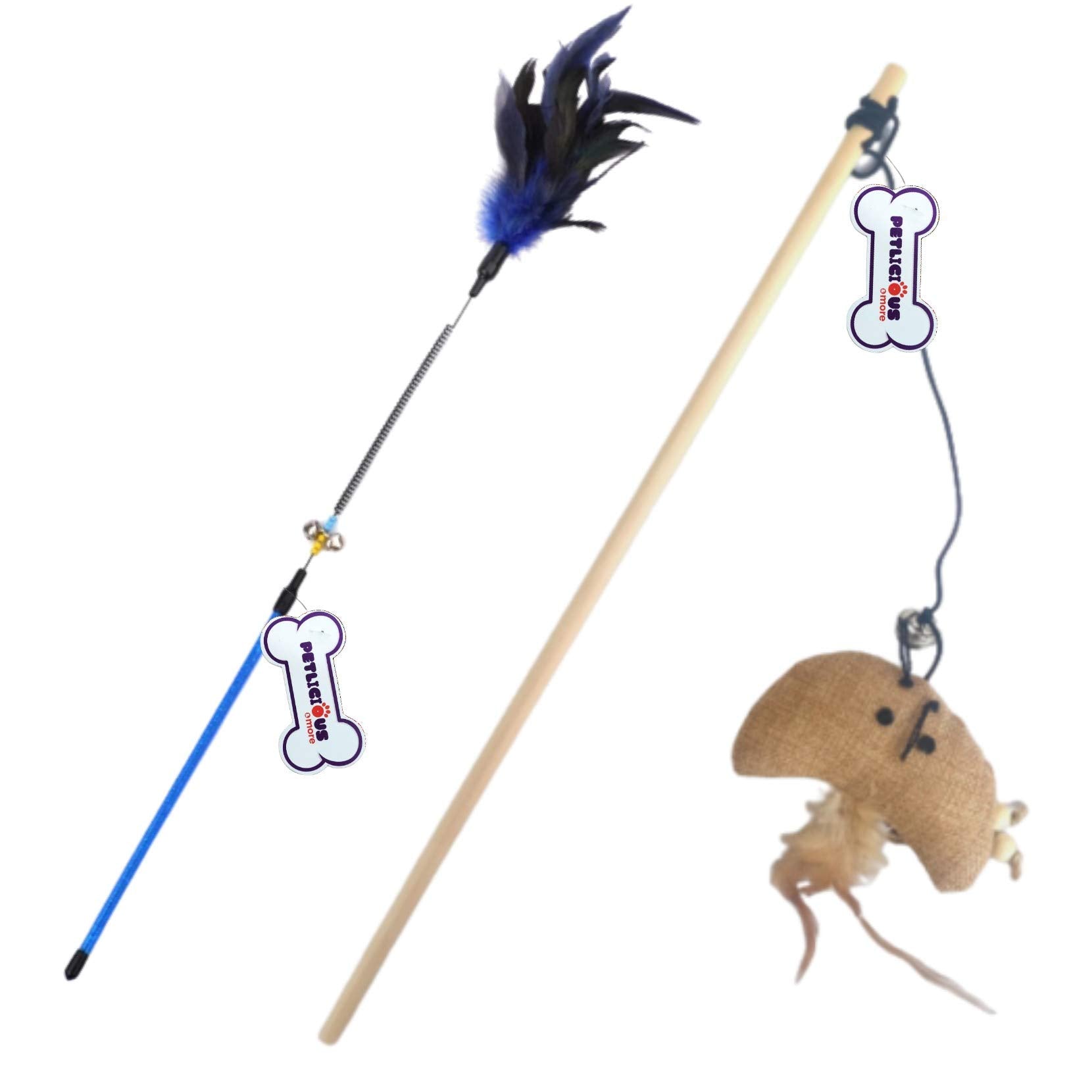 Petlicious & More Cat Teaser 2 Playing Stick  |Spring Feather Stick | Jute Mice Wooden Stick Cat Teasing Stick Kitten Toys (Com