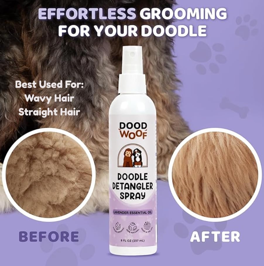 DOOD WOOF Dog Detangler Spray - Natural Leave-in Conditioner for Doodles, Lavender, Model DETANG-LEO, Ideal for Grooming and Mat Removal