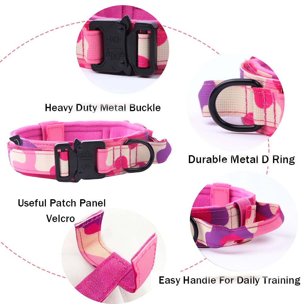 Tactical Dog Collar Military Dog Collar Adjustable Nylon Dog Collar Heavy Duty Metal Buckle With Handle For Dog Training (Pink Camo,Xl)