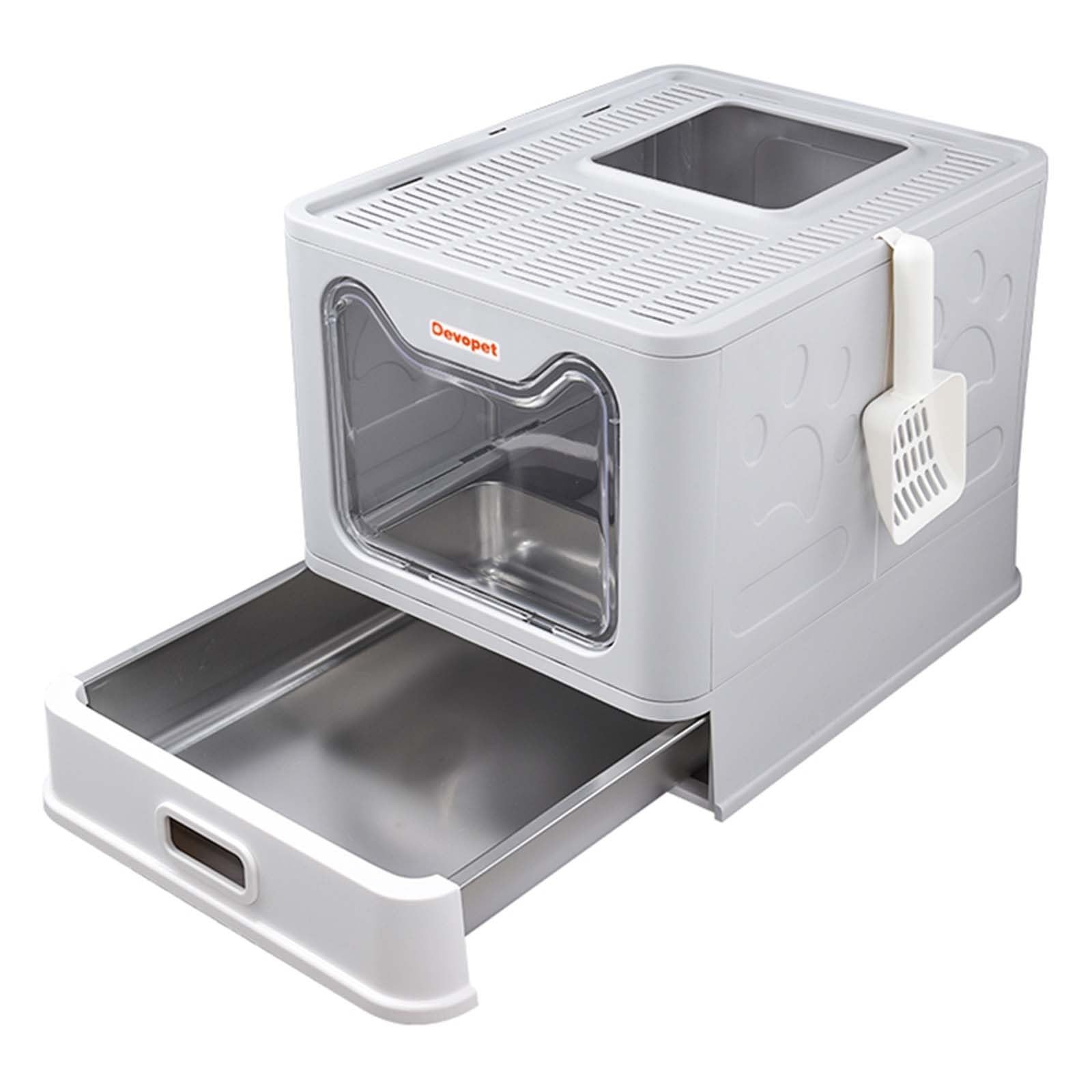 Devopet Stainless Steel Cat Litter Box with Lid, Enclosed Cat Litter Boxes, Covered Top Entry Litter Box, Foldable Large Metal B