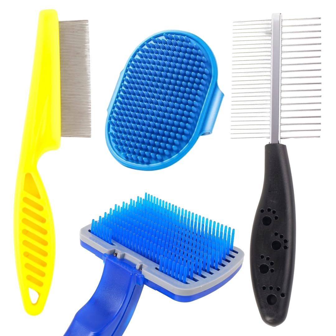 Professional Pet Grooming Brush Set, Blue And Yellow, Metal And Plastic, DoubleSided Flea Comb With Massage Brush For Dogs(Pack
