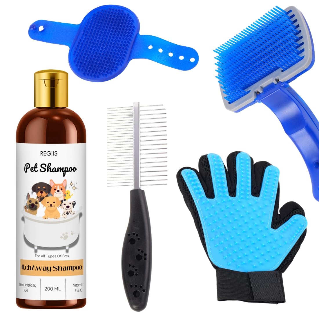 Pet Grooming Kit With Shampoo, Blue Deshedding Glove, Comb Set, 200Ml Lemongrass Oil Pet Wash For Dogs And Cats(Pack Of 5)