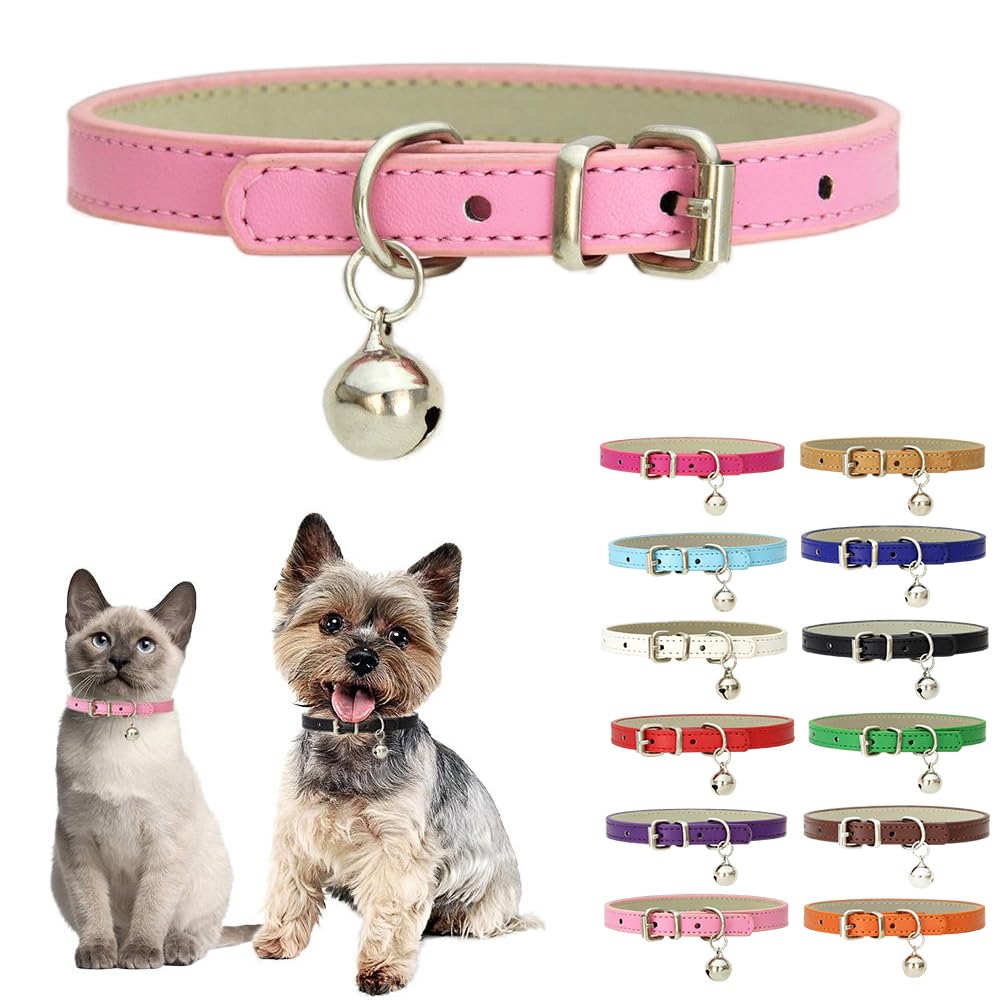 Pink Small Dog Collar With Bell,Soft Pu Leather Female Puppy Collar With Bells Basic Girls Cat Collar With Bells For Xxs Xsmall 