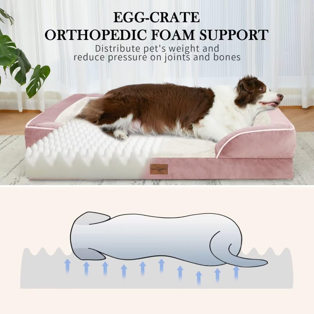 Comfort Expression Waterproof Orthopedic Foam Dog Beds Xl Dog Bed, Extra Large Dogs With Bolster, Washable Dog Bed Sofa Pet Bed With Removable Cover & Non-Slip Bottom(X-Large,Pink)