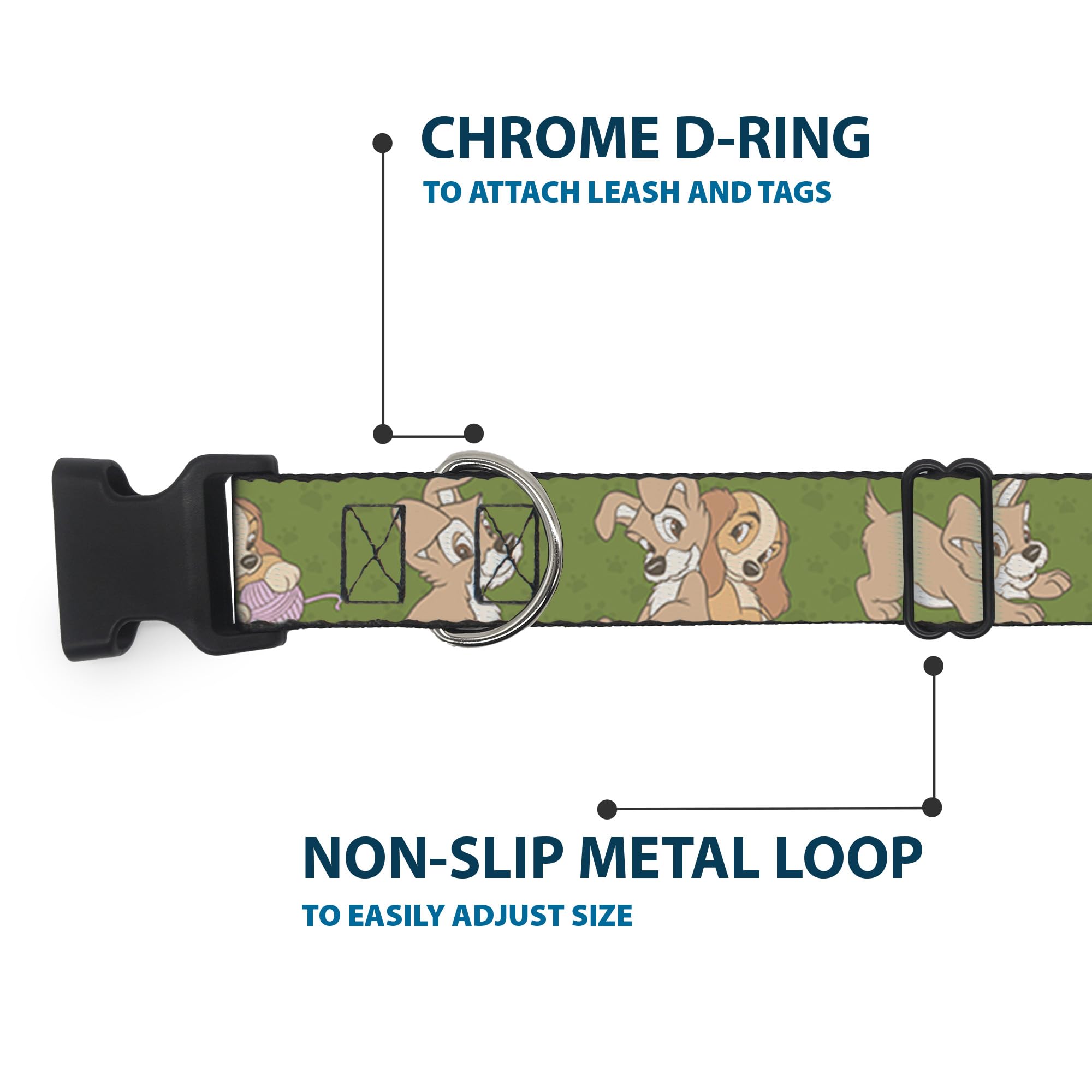 Dog Collar Plastic Clip Lady And Tramp 6 Poses Olive Green 16 To 23 Inches 1.5 Inch Wide