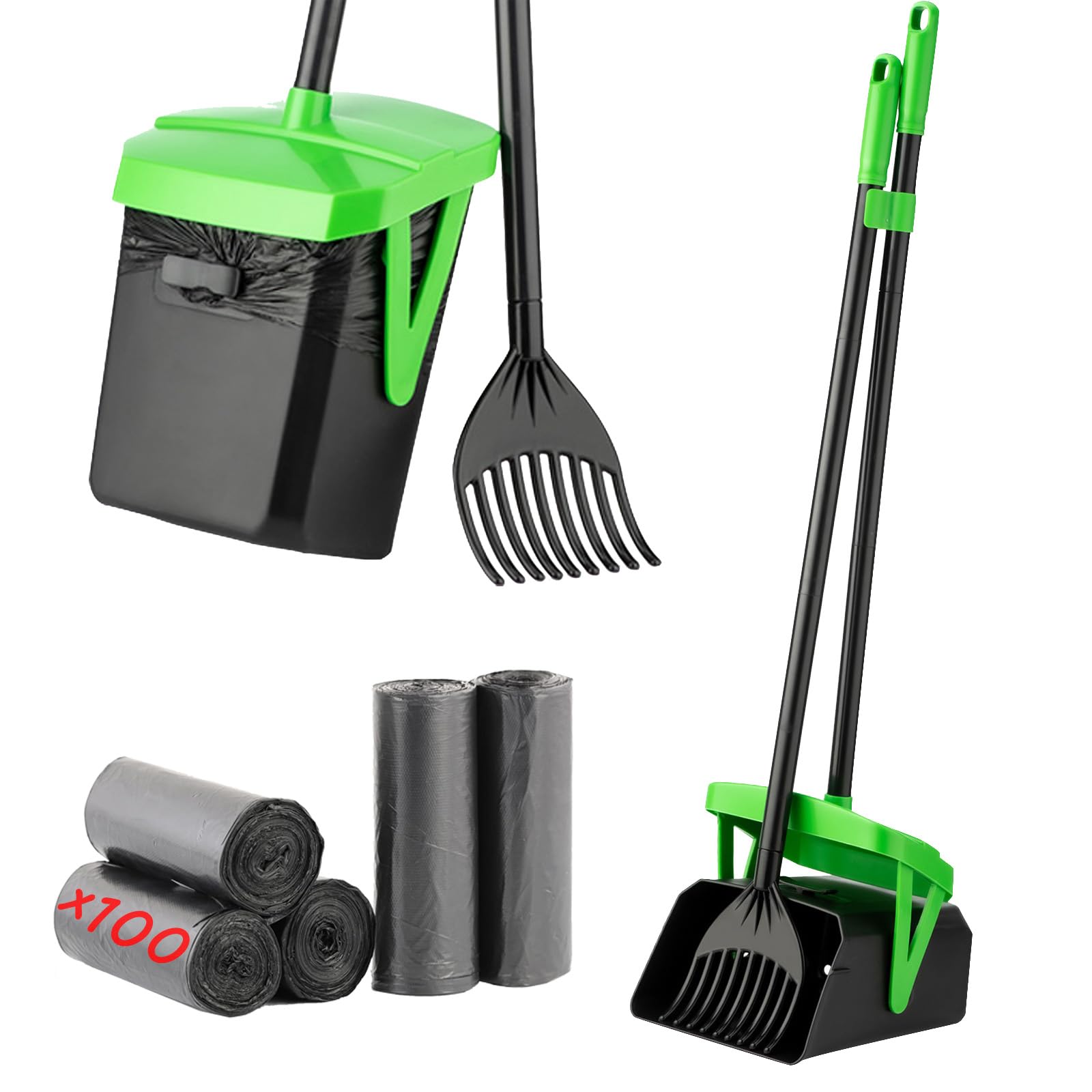 FUSBUNTY Pooper Scooper Swivel Bin & Rake with 100 Waste Bags, Dog Pooper Scooper with Bag Attachment for Large Medium Small Dog