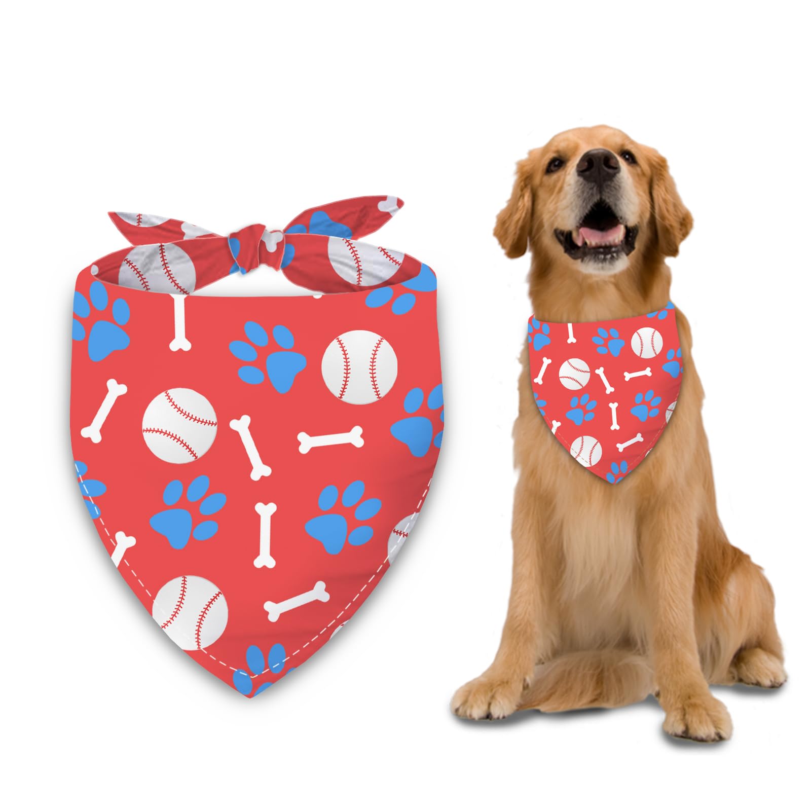 Liboom - Baseball Dog Bandana Washable Pets Scarf Triangle Adjustable Handkerchief, Double Sided Printing, Red, Blue Paw Bone (L