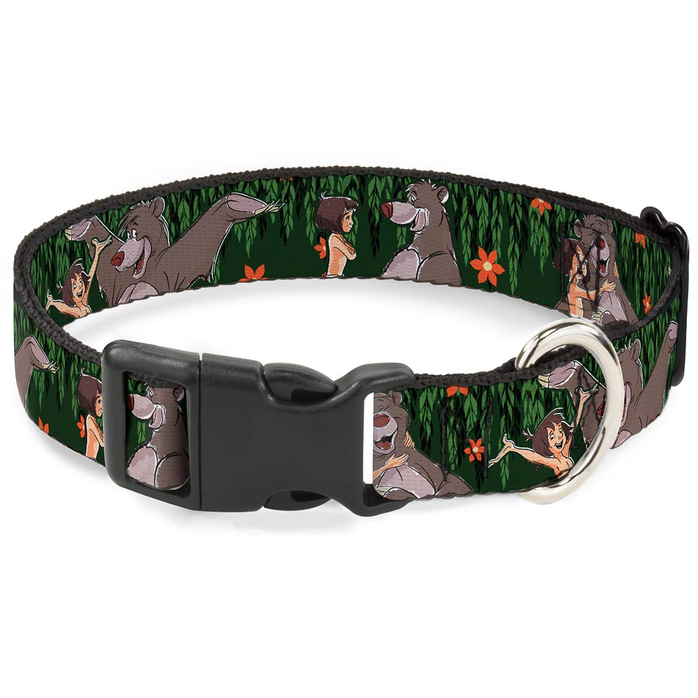 Buckle-Down Plastic Clip Collar - Mowgli & Baloo 3-Poses Leaves/Flowers Greens/Orange - 1/2' Wide - Fits 8-12' Neck - Medium