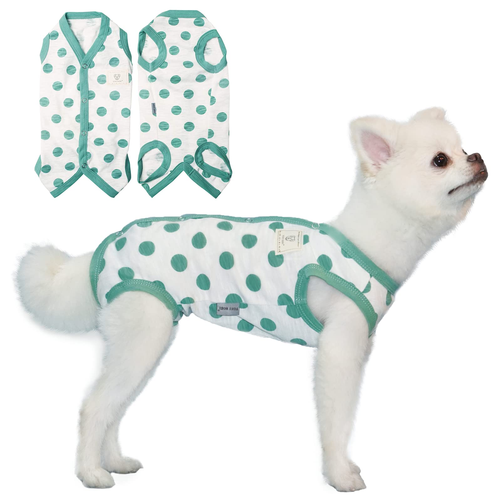 Tony Hoby Summer Dog Jumpsuit, Soft Breathable Dog Pajamas With Polka Dots (Dark Green, S)