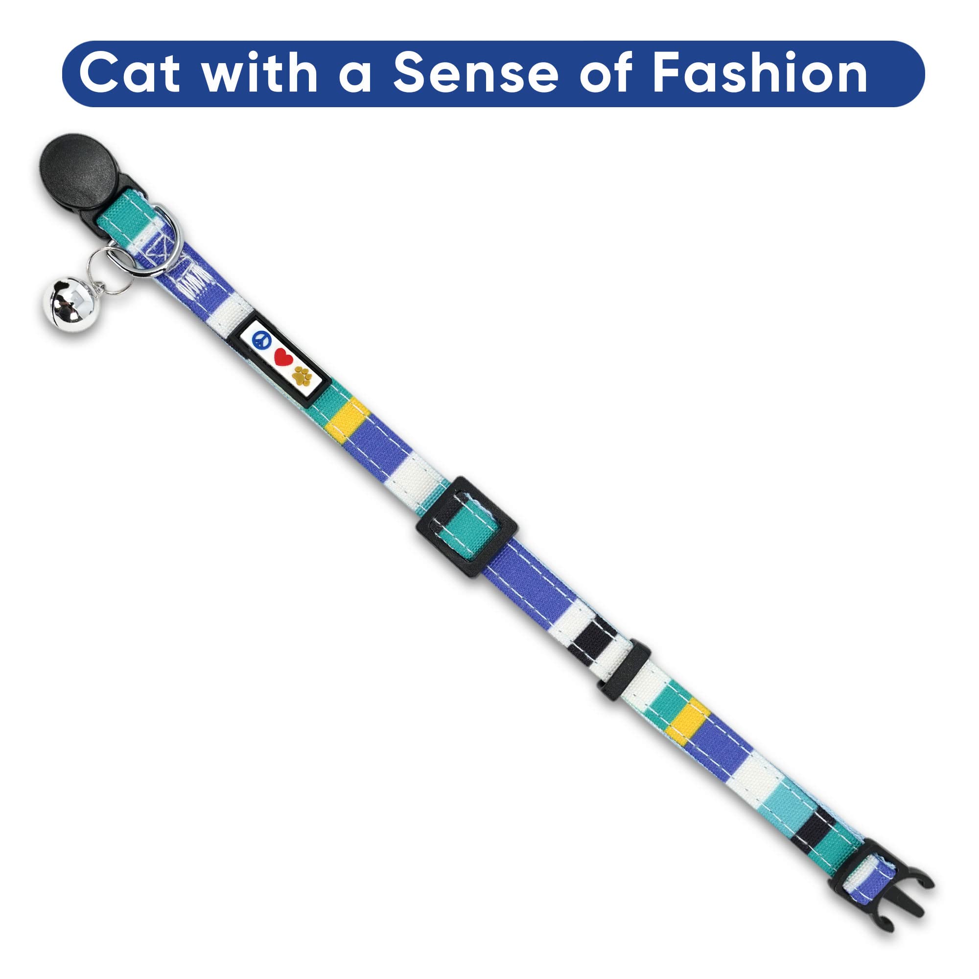 Pawtitas Pet Multicolor Cat Collar With Safety Buckle And Removable Bell Cat Collar Kitten Collar Blue/White/Yellow/Teal Cat Collar