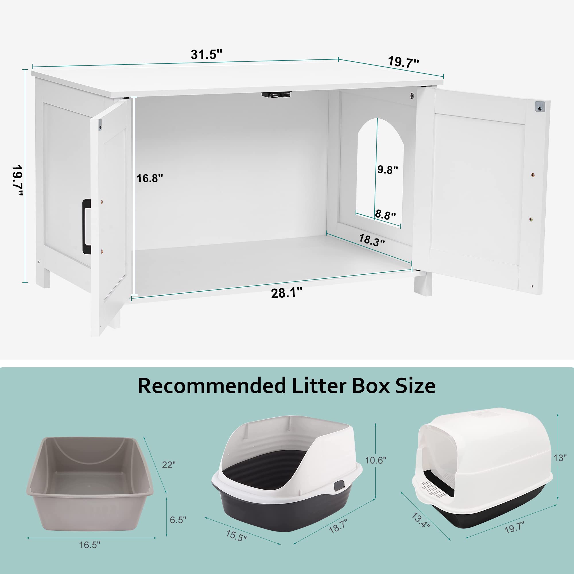 Homhedy Cat Litter Box Enclosure - Wooden Washroom Furniture, 31.5"x19.7"x19.7", White
