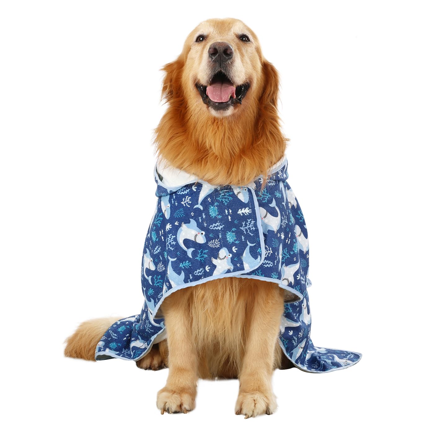 Hde Dog Bathrobe Super Absorbent Quick Drying Towel With Hood For All Dog Breeds Sizes S-Xxl - Sharks - L