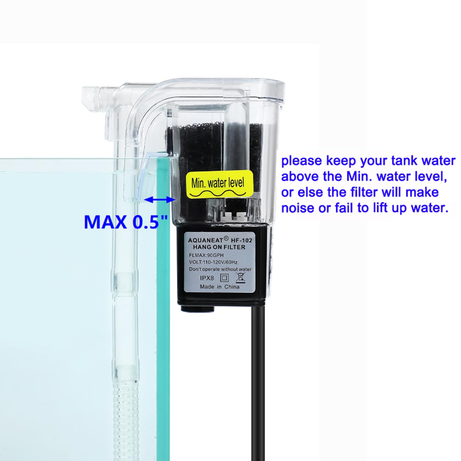 Aquaneat Aquarium Hang On Hob Power Filter 5 Gallon Small Fish Tank Filter 90Gph (Up To 5Gal)