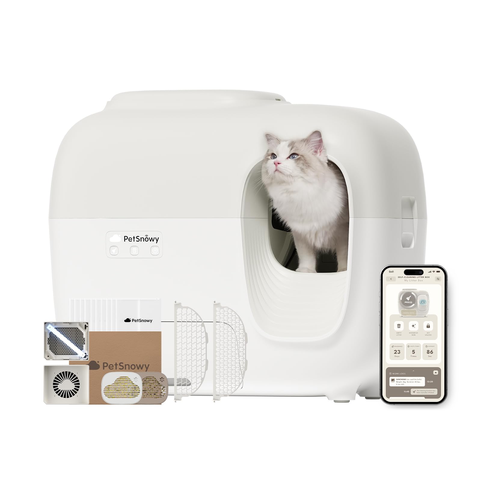 PetSnowy Self-Cleaning Automatic Cat Litter Box with Odor Control TiO2 System, Robot Litter Box with Auto-Packing, App Control, 