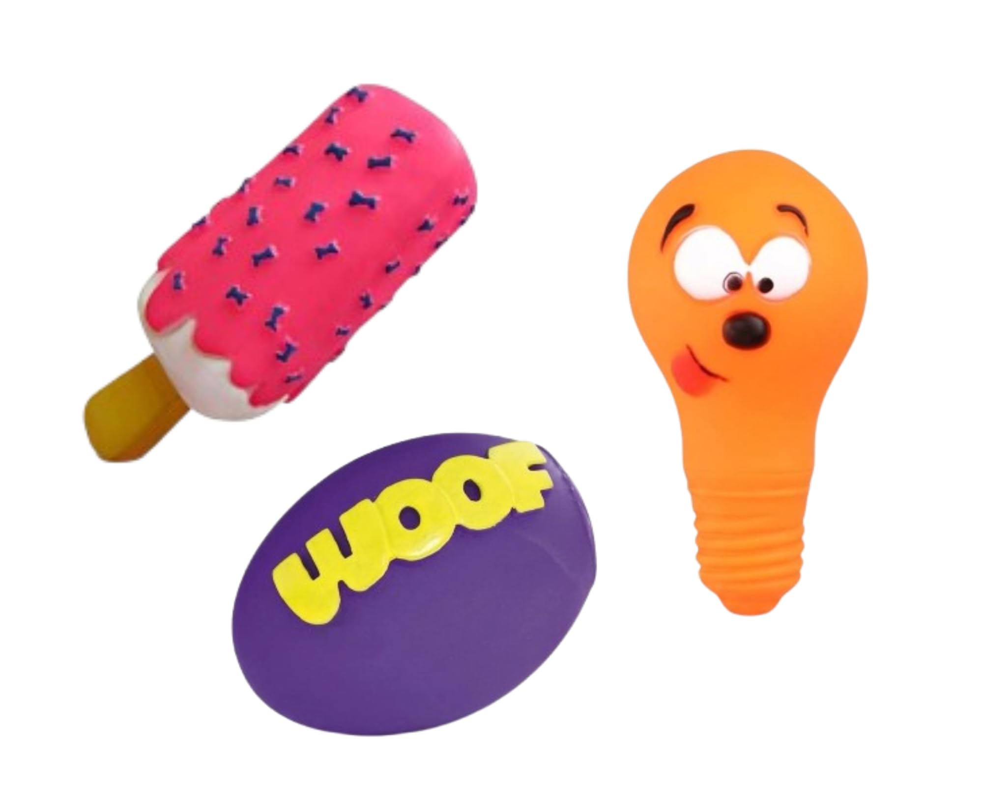 Bohobark Dog Squeaky Toy Combo (Pack Of 3) | Squeaky Realistic Bulb, IceCream, Woof Rugby Ball | Interactive Play, Fun, Enterta