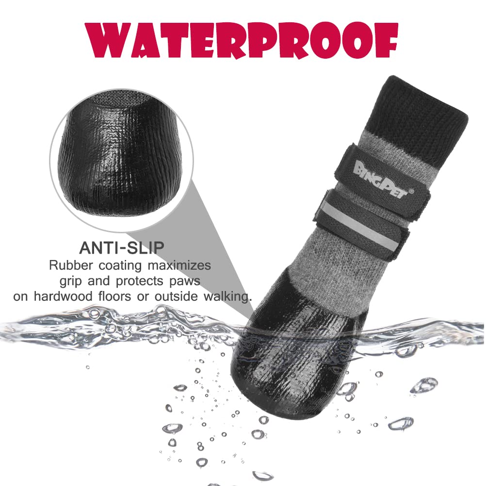 Bingpet Anti-Slip Dog Socks, Waterproof Paw Protectors With Reflective Straps, Dog Boots For Hot Pavement For All Season, Dog Shoes With Traction Control For Indoor & Outdoor Wear, 4Pcs
