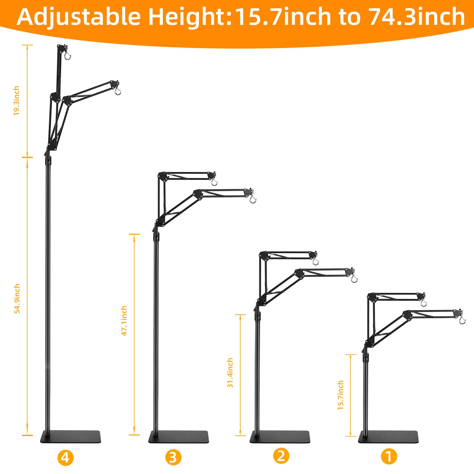 juttilax Dual Reptile Heat Lamp Stand, Adjustable 15.7-74.3inch, 360° Swing Arm, Black, Metal, Model JT-02
