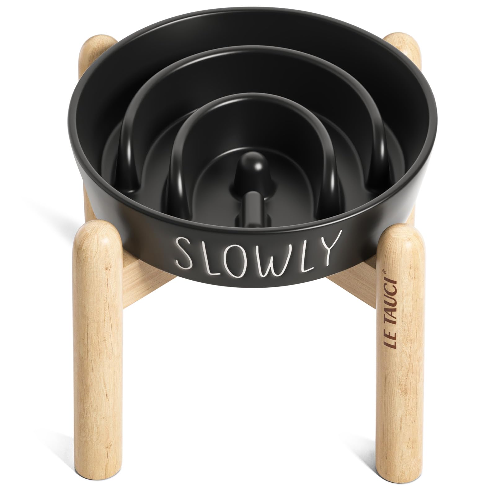 Ceramic Slow Feeder Dog Bowls Elevated, 3 Cups Raised Dog Bowl With Wooden Stand For Medium Large Breed, Dog Dishes To Slow Down