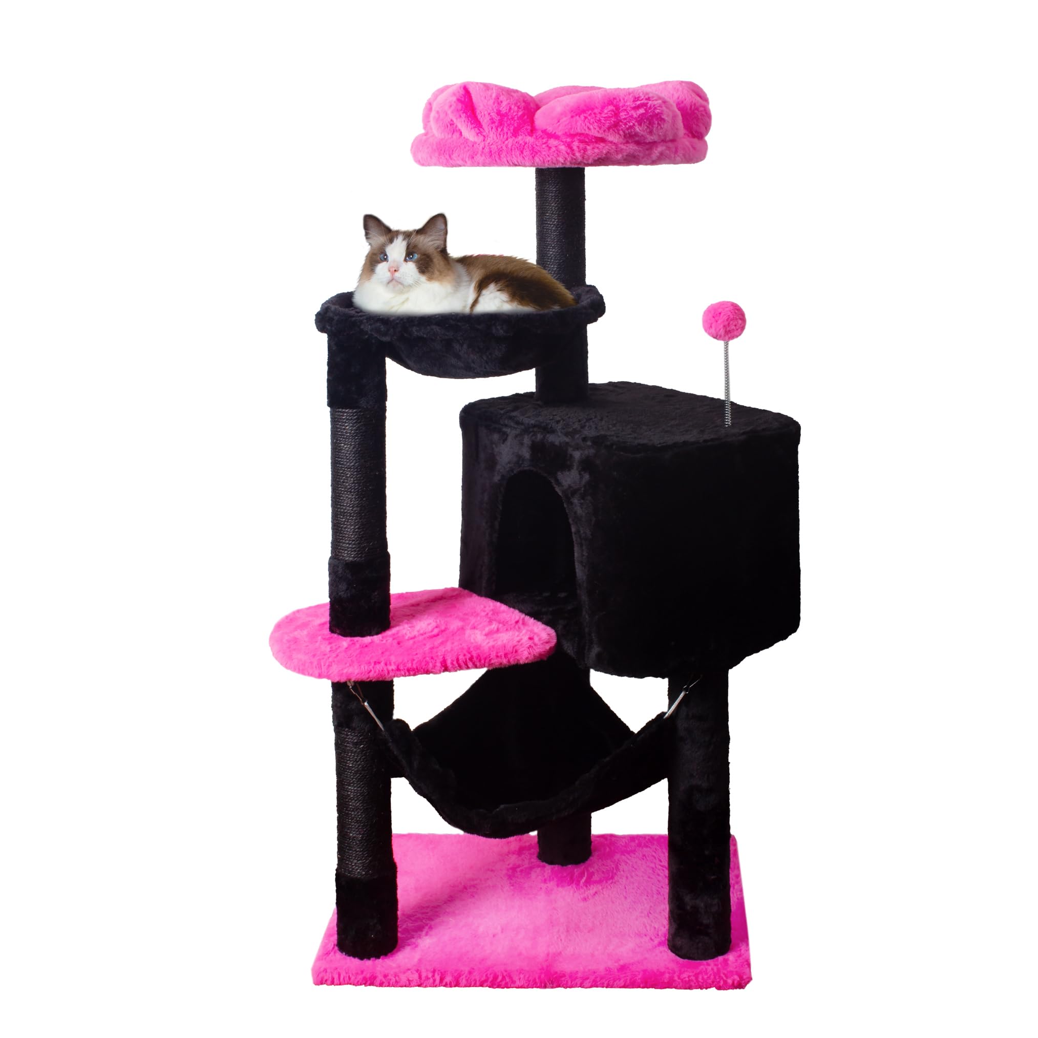 Fantasreen Cat Tree 43'' Black Pink Flower Cat Tower For Indoor Cats Large Cat Scratching Post With Comfy Hammock For Kittens Ad
