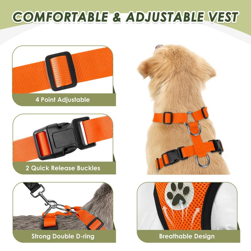 Slowton Dog Seat Belt Harness For Car, Dog Car Harness Adjustable Mesh Breathable & Dog Seatbelt Safety Tether With Elastic Bungee For Small Medium Large Pets(Orange, Double Clip, M)
