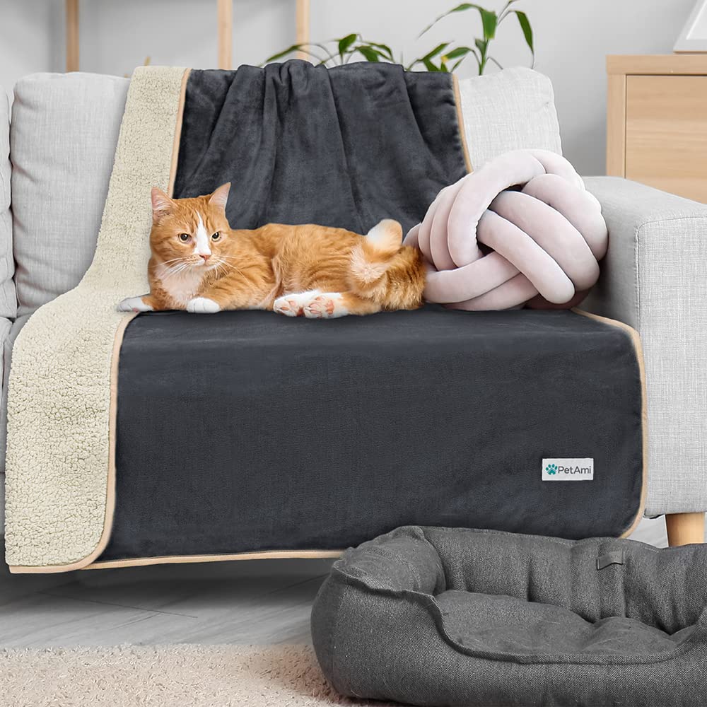 Petami Waterproof Dog Blanket For Large Giant Dogs, Pee Proof Pet Blanket Sherpa Fleece Crate Cover, Reversible Cat Throw Bed Kennel Protector, Soft Plush Washable Pad (Queen 90X90, Gray/Beige)
