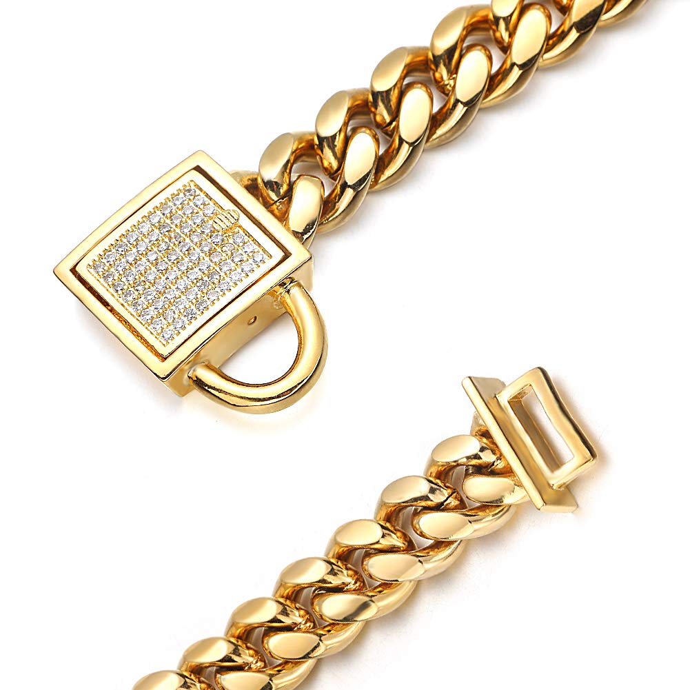 Gold Dog Chain Collar 10Mm Wide Cuban Link Puppy Collar 316L Stainless Steel With Cz Diamond Lock Bling Collar For Medium Dogs(1