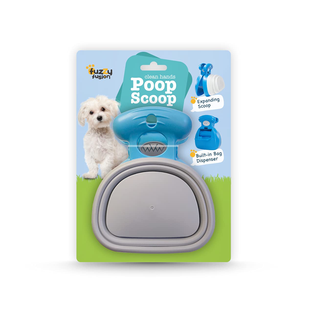 Dog Poop Scoop With Waste Bag Dispenser - Blue, 10 Refill Bags And Expandable Silicone Body - Compact Portable Design For Easy S