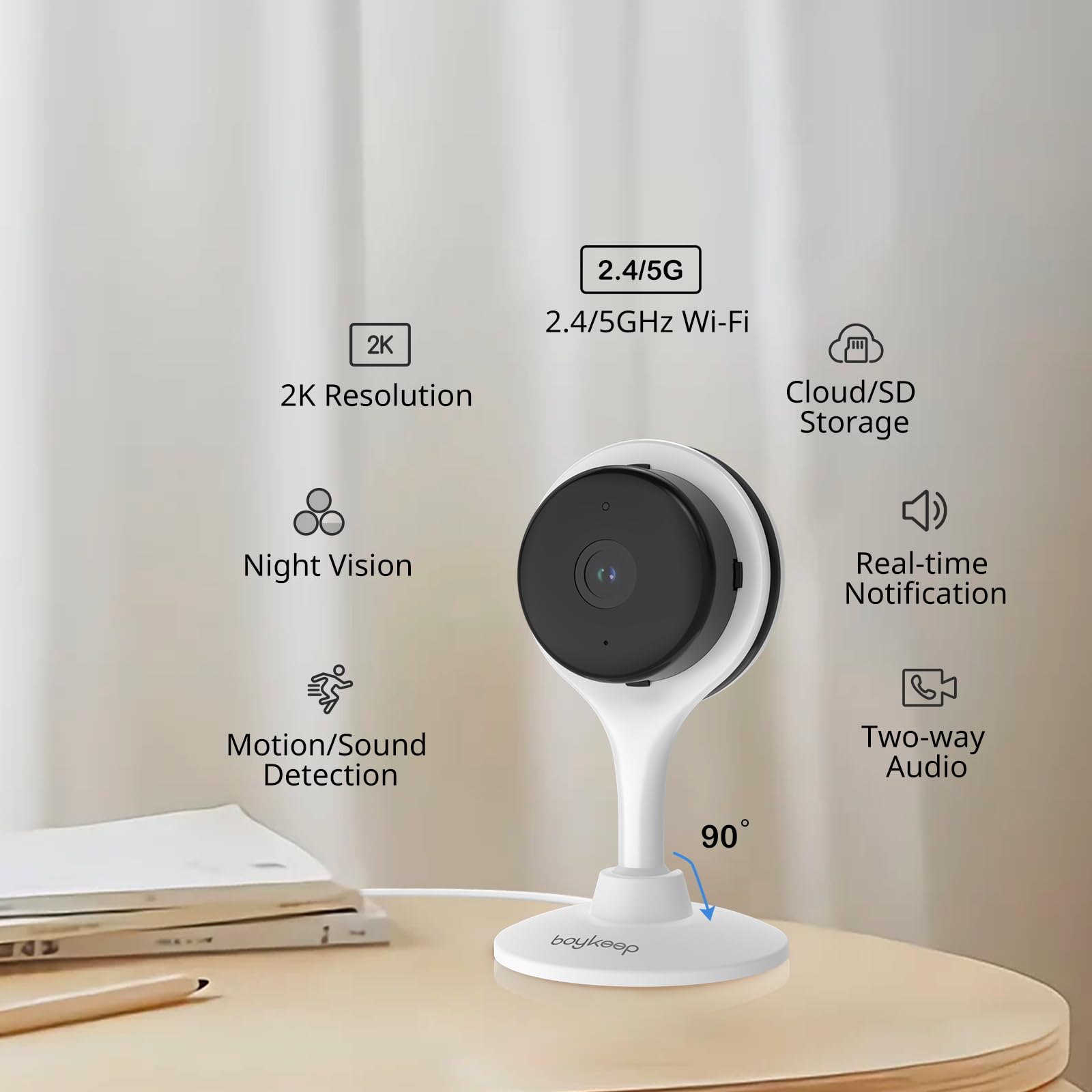 Boykeep 2K Indoor Security Camera, 2.4Ghz/5Ghz Wi-Fi Home Security Cameras For Baby/Elder/Dog, Pet Camera With Phone App, 2-Way