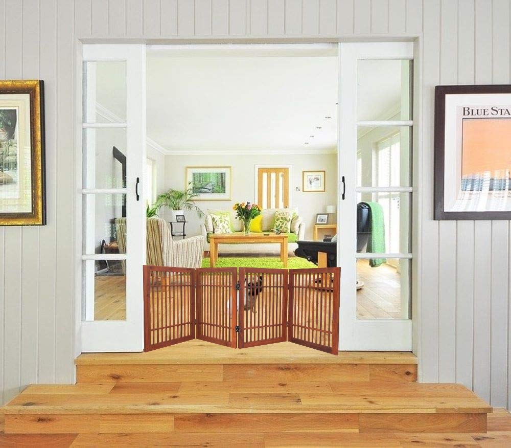 Pet Dog Gate For Doorways Strong And Durable Freestanding Expandable Folding Acacia Wood Hardwood Portable Wooden Fence Indoors Or Outdoors By Urnporium (Brown Pet Gate, 4 Panel 24' Tall)
