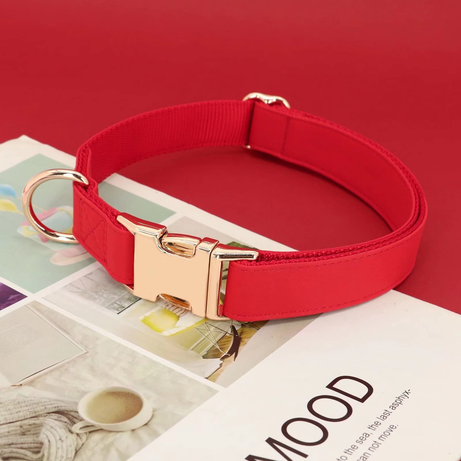 Pet Artist Charming Nylon Dog Collar With Leather Soft Comfy Elegant Nylon Collars For Dogs Small Medium Large 4 Bright Solid Color For Choosing Blue Red Brown Grey (Red,Neck Fit 9-14'')