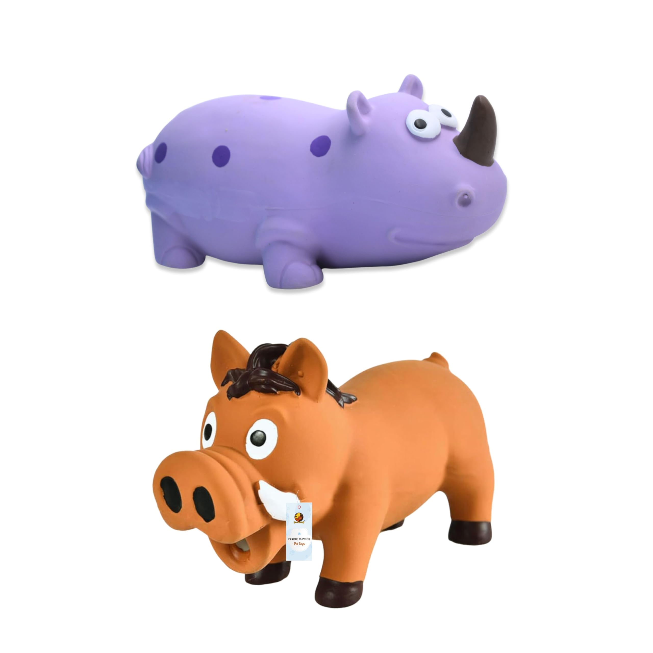 Foodie Puppies 2In1 Combo Of Latex Dog Squeaky Toy (Purple Rhino & Brown Warthog) For Small To Medium Dogs | Interactive Anima