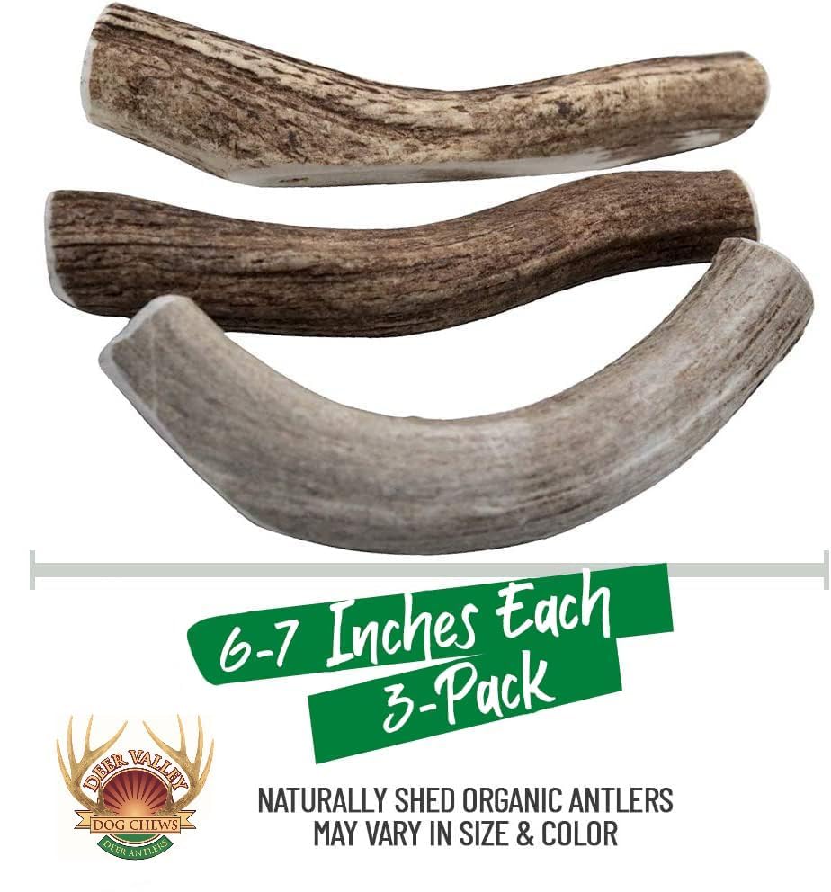 Deer Valley Dog Chews (Large 3 Pack, 6-7 Inches) Premium Deer Antler for Dogs - Ethically-Sourced and Irresistible Dog Chew Toy
