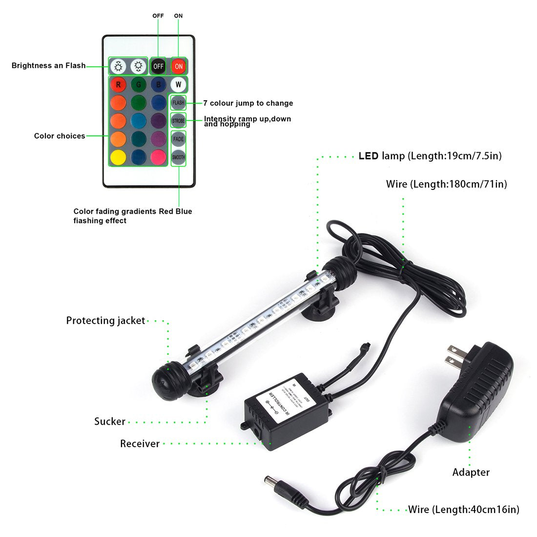 S Smiful Led Aquarium Lights, Underwater Fish Tank Lights Rgb Waterproof Color Changing Adjustable Memory Submersible Remote Control Aquarium Tank Sucker Hood Strip Lamp Waterfall Lights, 7.5 Inch