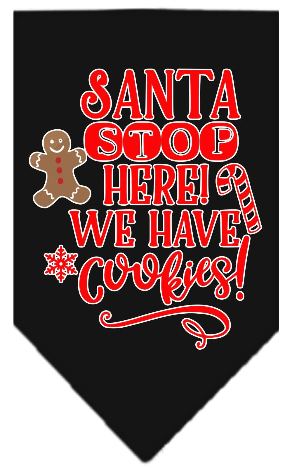 Christmas Pet and Dog Bandana Screen Printed, "Santa, Stop Here! We Have Cookies!" Black Large