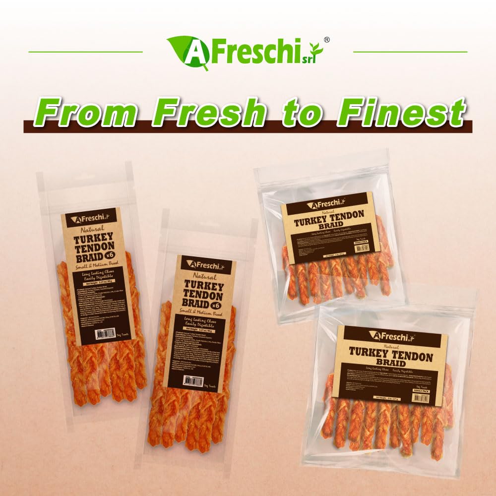 A Freschi srl Turkey Tendons for Dogs, Rawhide-Free, Hypoallergenic Treats, 8 oz Braid, Healthy Chews for Medium Breeds
