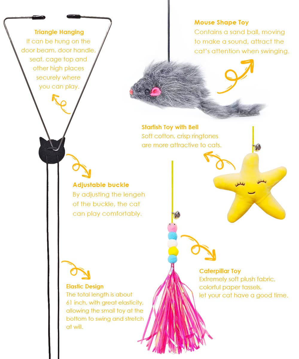 Mice Toys For Indoor Cats - 3 Pack Hanging Door Cat Toys With Tassel - Retractable Cat Toy With Rope Mouse Starfish Caterpillar